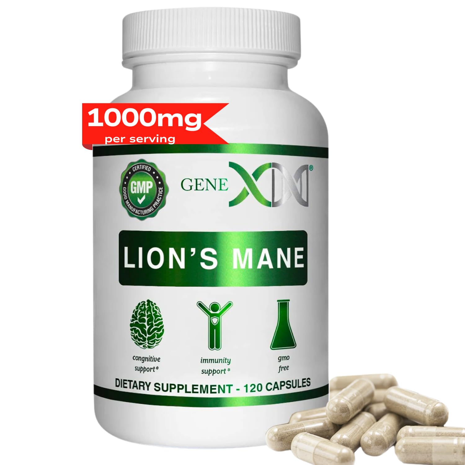 Genex Formulas Lions Mane 1000mg Dose, 100% Lions Mane Extract, 120 Capsules