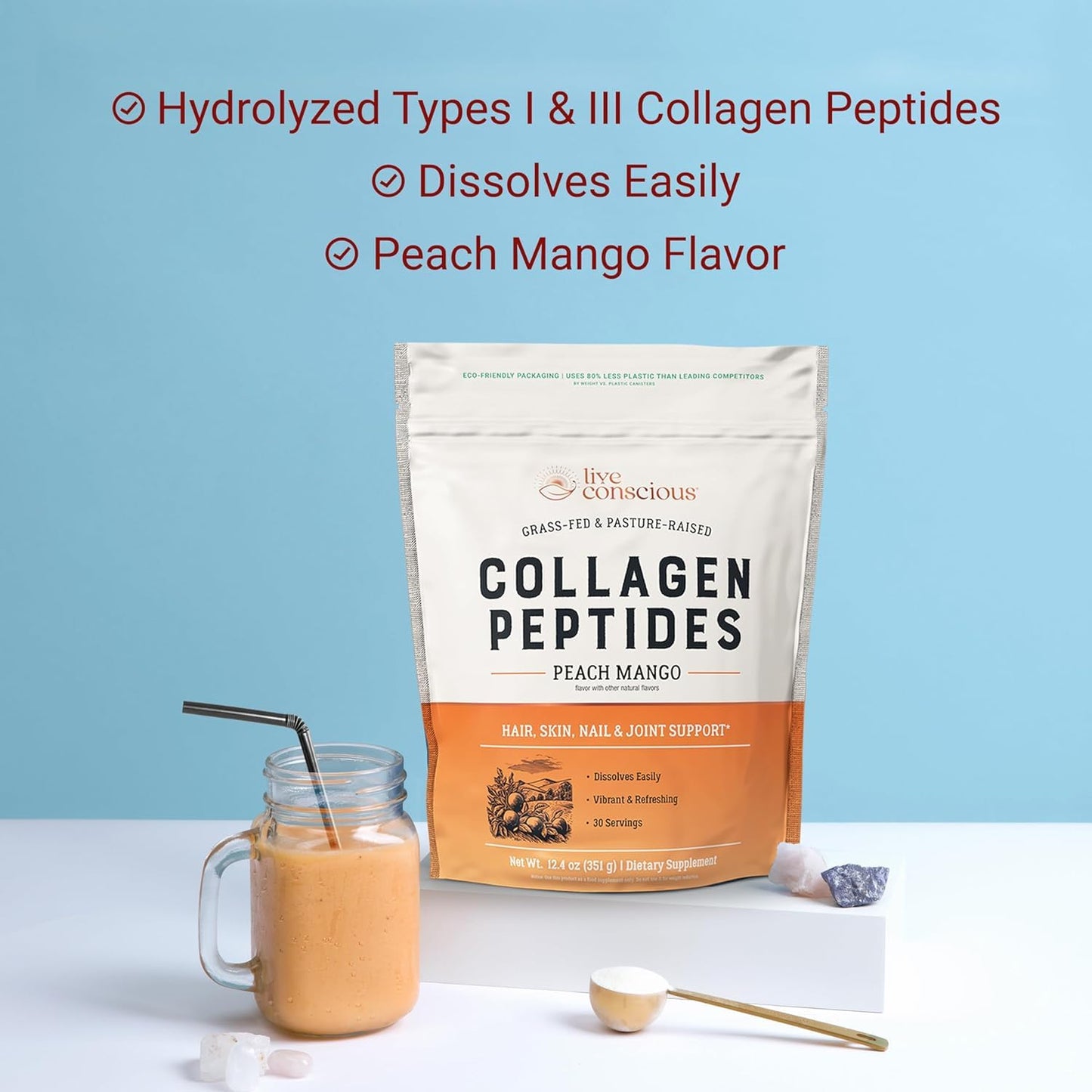 Live Conscious Collagen Peptides Powder Peach Mango Flavored, Type I & III Grass-Fed, Hair, Skin, Nails & Joint Support, 26 oz