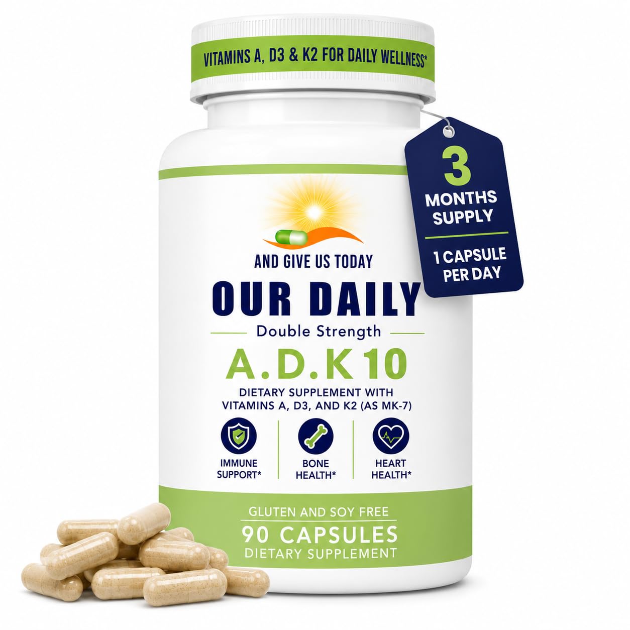 AND GIVE US TODAY OUR DAILY Daily Vites ADK 10 ADK Vitamin Supplement Capsule 90 Count