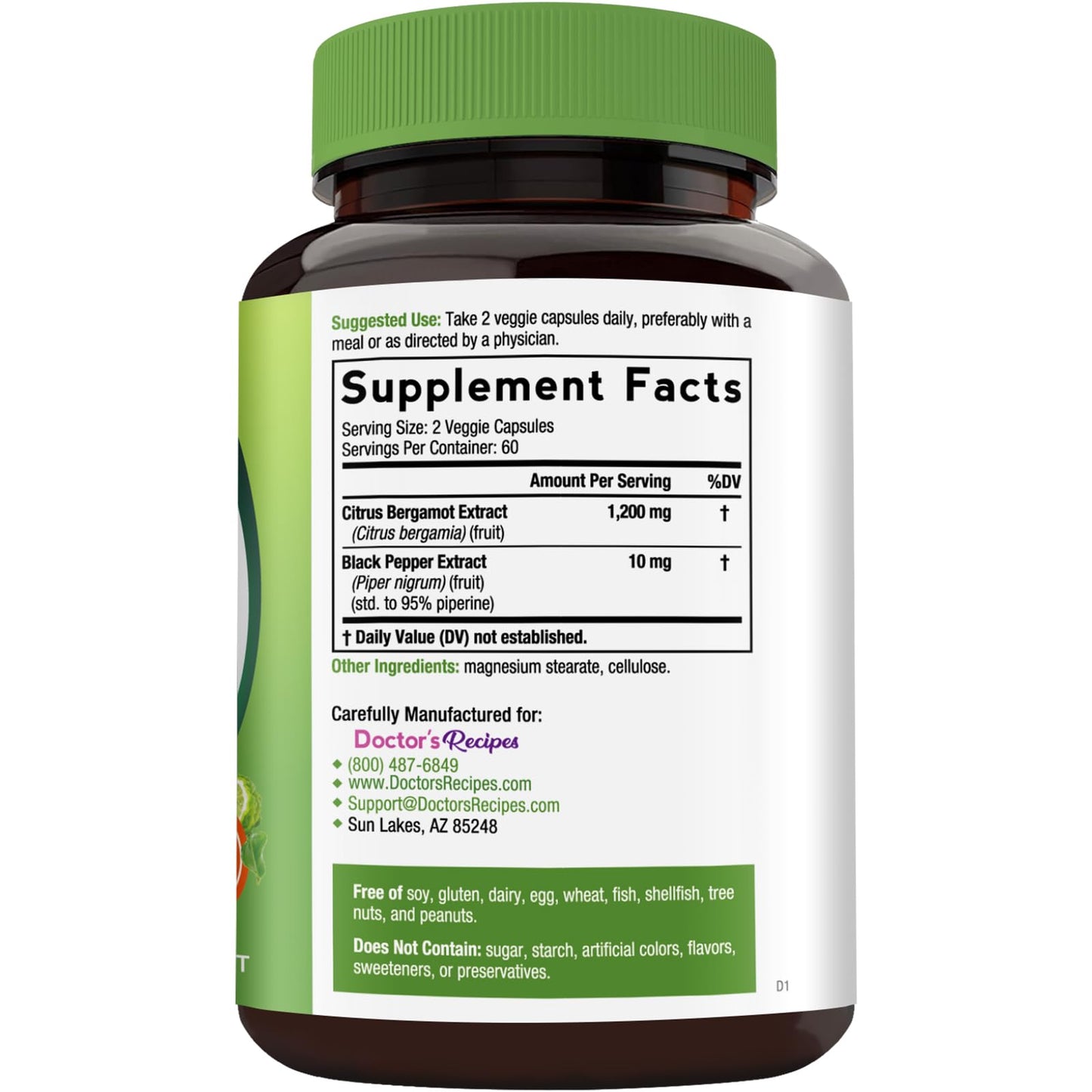 Doctor's Recipes Citrus Bergamot Capsules 1200mg, Pure Bergamot Extract, Rich in Polyphenolic Flavanones, with Black Pepper Extract, Natural Heart Health Supplement for Women and Men, Vegan, 120 Count
