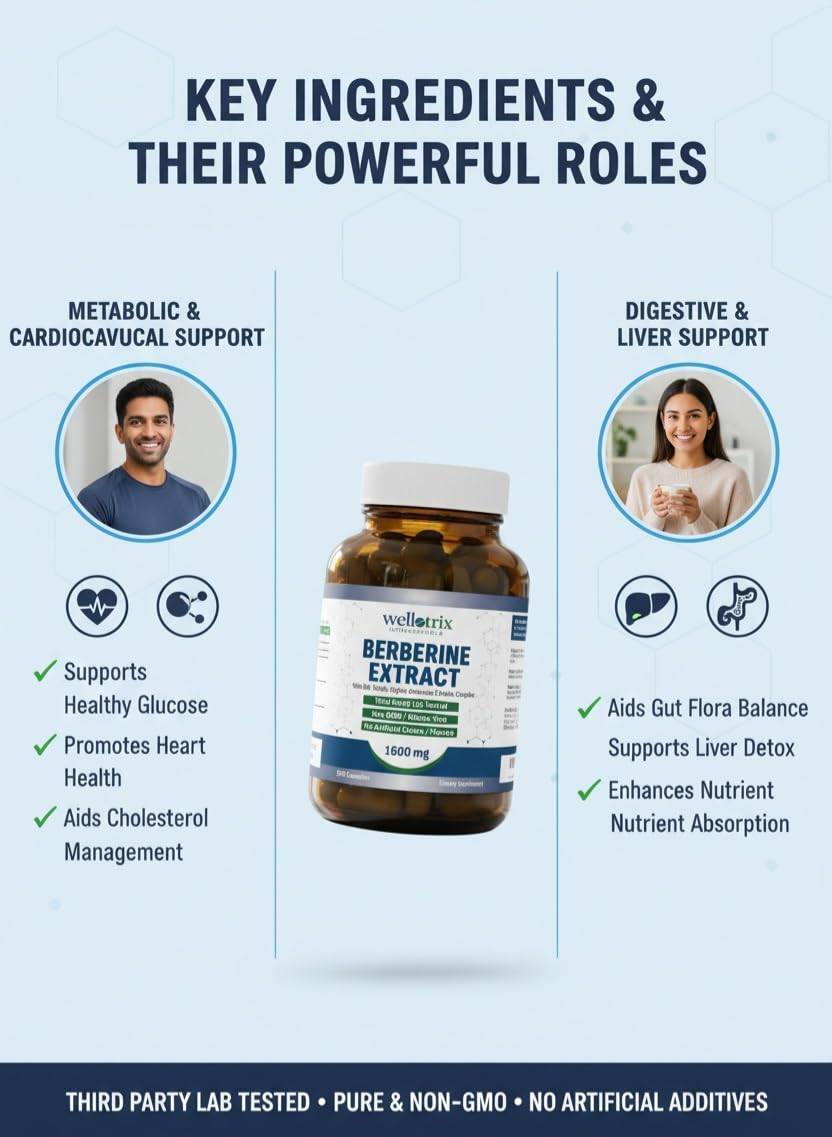 Wellotrix Nutraceuticals Berberine Extract 1600 mg with Milk Thistle, Ceylon Cinnamon & Herbal Extracts – Advanced Glucose & Metabolic Support Capsules, 120 Capsules