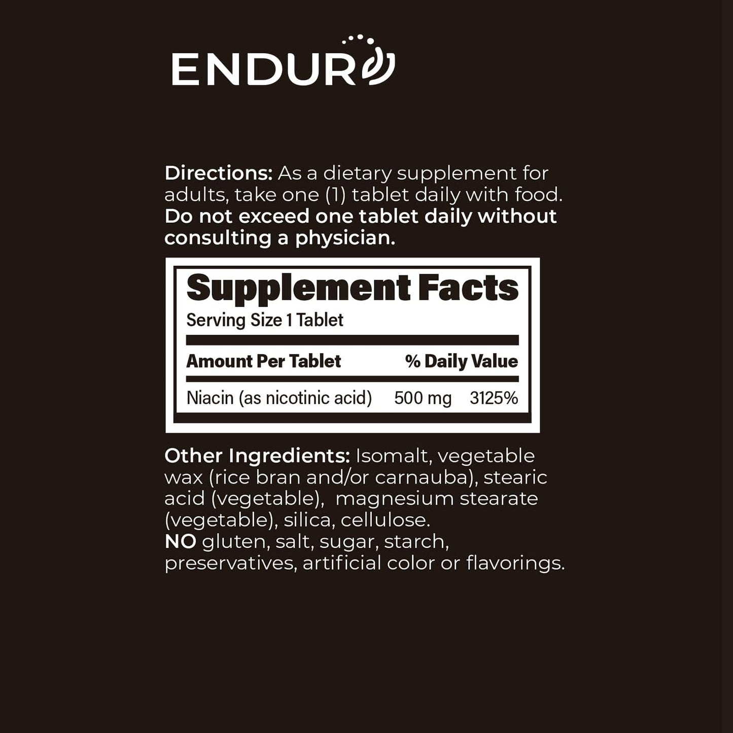 Endurance Products Endur Plain Niacin (Nicotinic Acid) 500mg Tablets, 100 Tablets