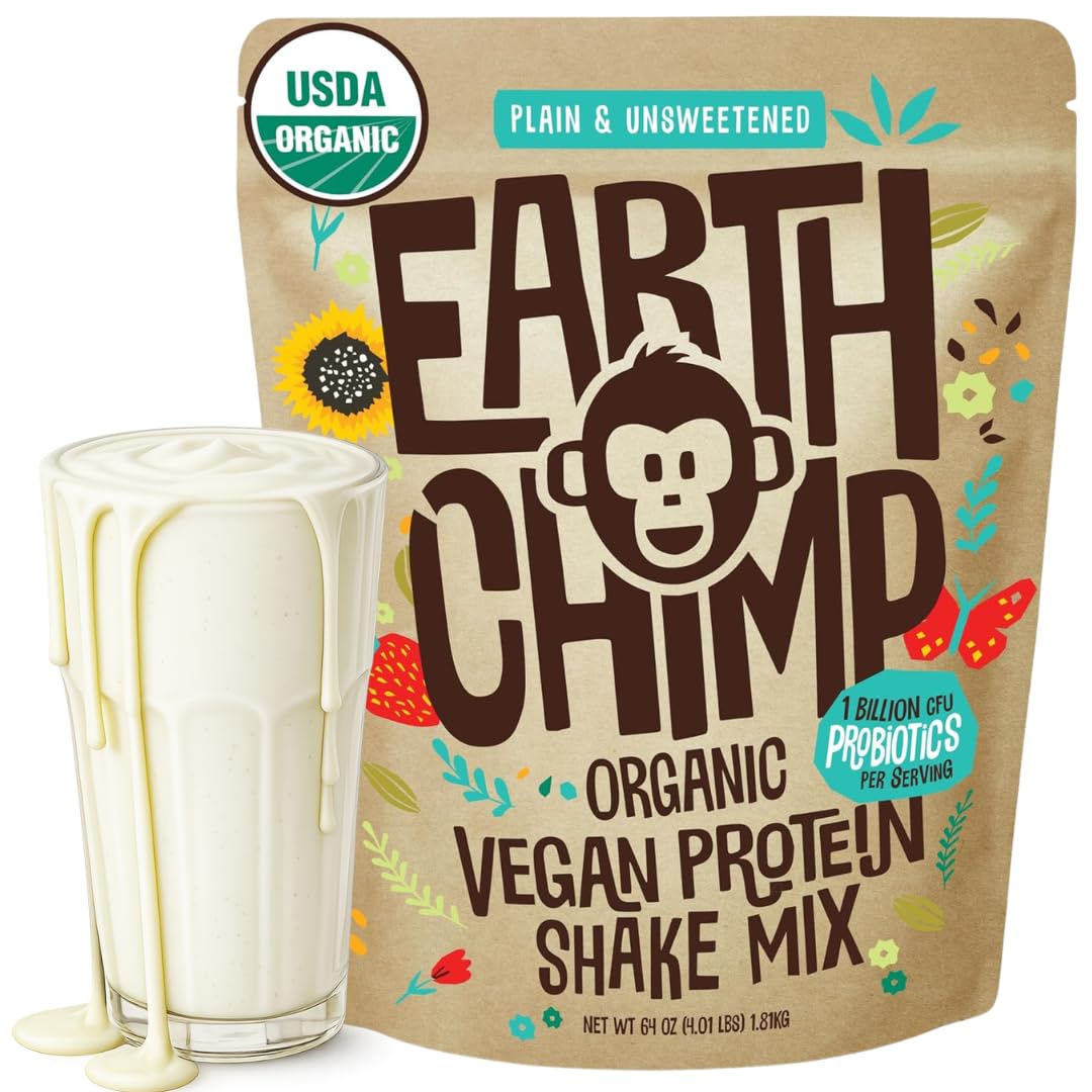 EarthChimp Organic Vegan Protein Powder with Probiotics - Plant Based, Non-GMO, Dairy Free, Gluten Free, Plain & Unsweetened - 64 oz, 52 Servings