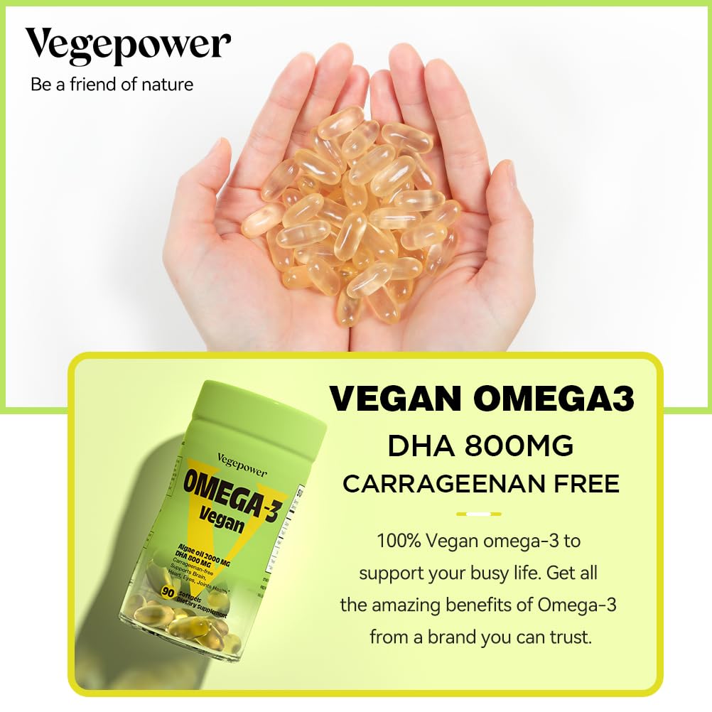 VEGEPOWER Vegan Omega-3 DHA Supplements Softgels 90 Count