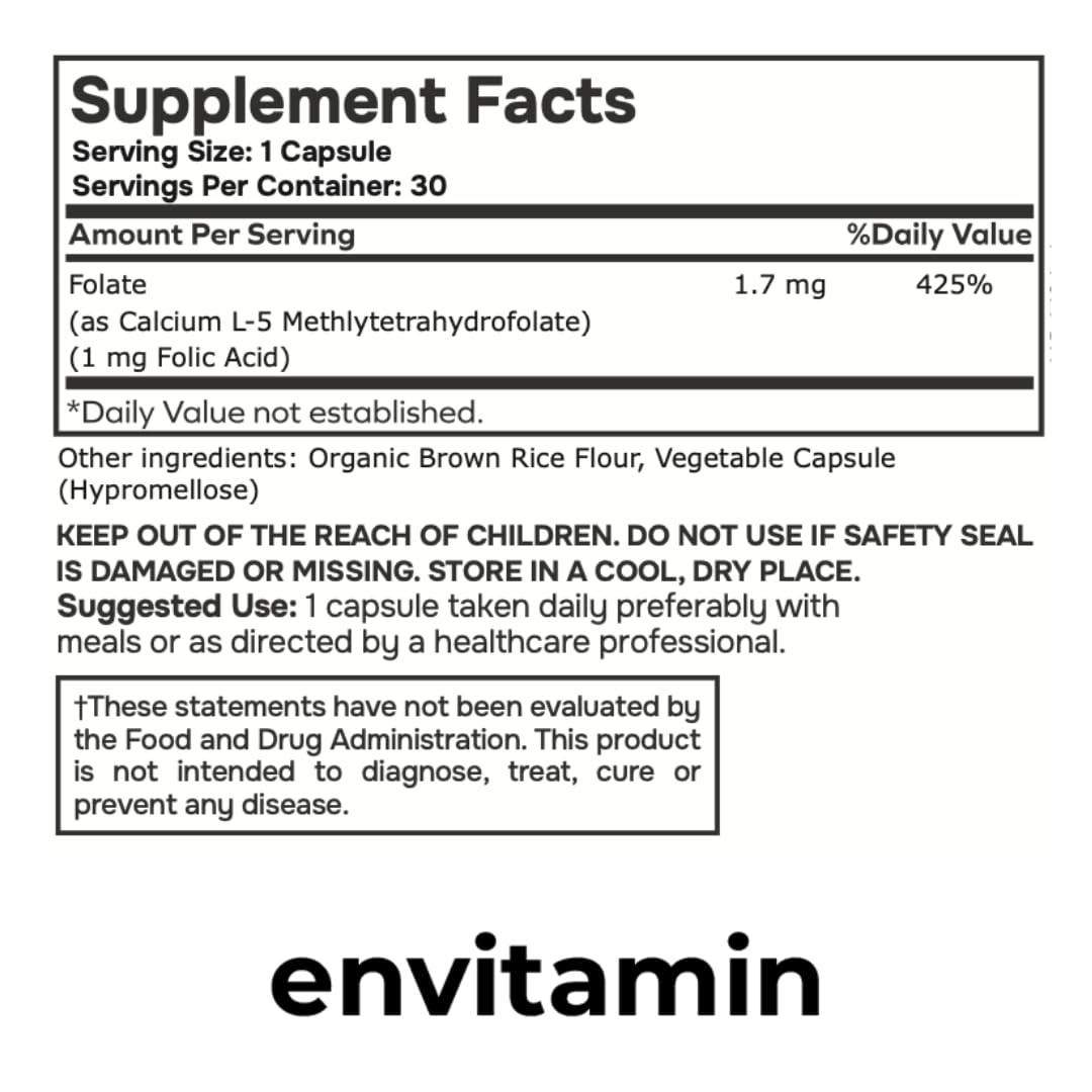 envitamin 5-MTHF Methylfolate (Active B9 Folate) Supplement Capsule 30 Count