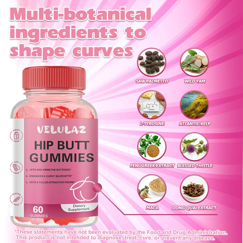 Velulaz Booty Gummies for Women - BBL Gummies with Multivitamins and Herbal Extracts - Strawberry Flavor - Gummy, 60 Count