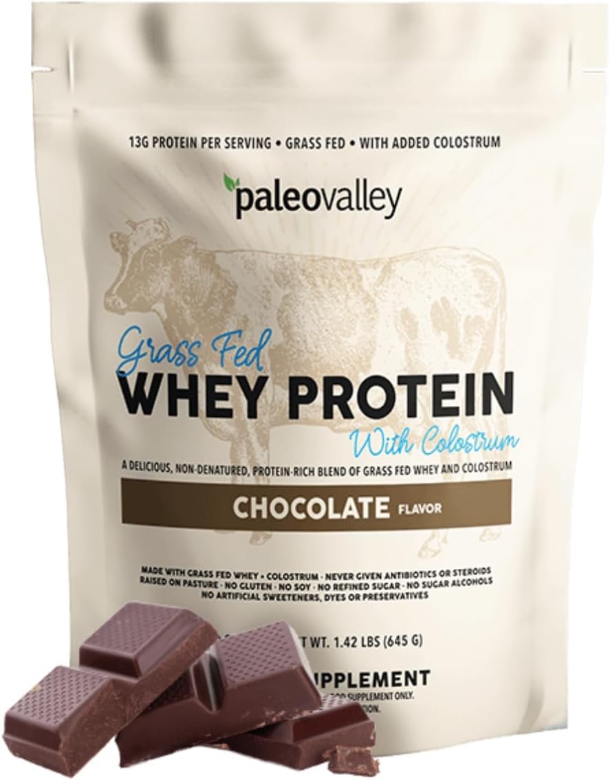 Paleovalley 100% Grassfed Whey Protein Powder with Colostrum, Chocolate, 22.72 oz