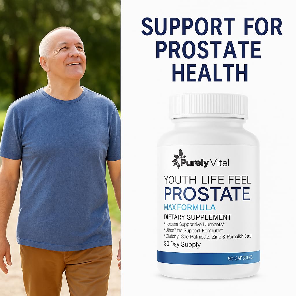 Purely Vital Youth Life Feel Prostate Max Prostate Support Supplement with Saw Palmetto & Zinc Capsules, 180 Count