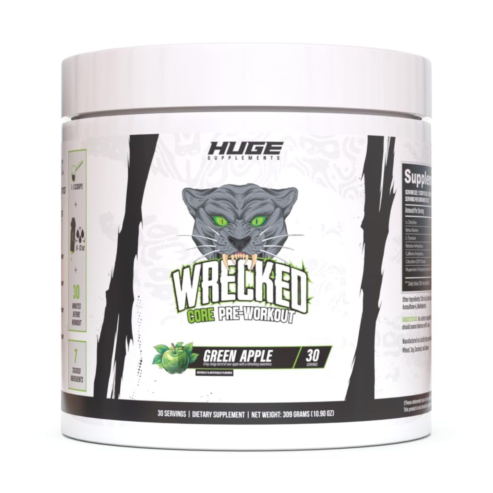 Huge Supplements Wrecked Core All-in-One Pre-Workout Supplement for Men & Women, Increase Energy, Focus & Pumps with L-Citrulline, Beta-Alanine, L-Tyrosine & More Green Apple Powder 30 Servings