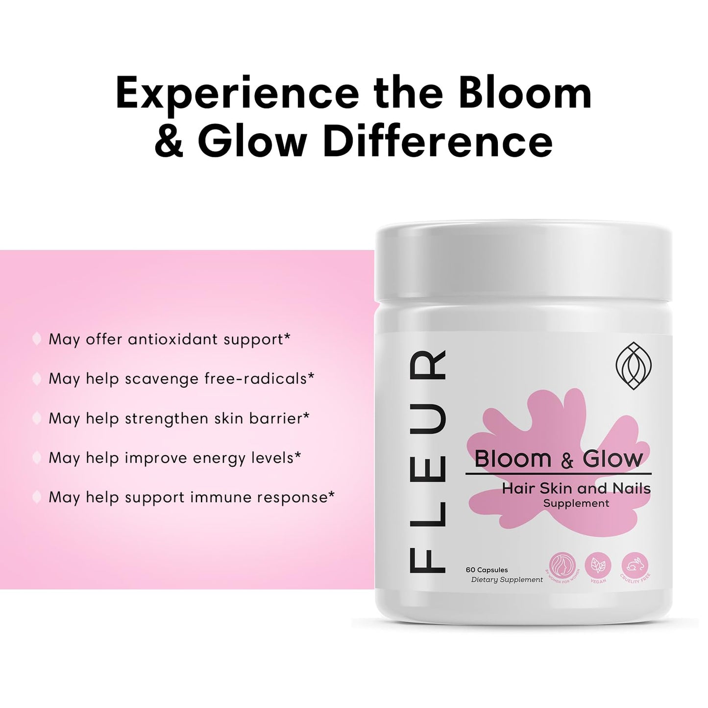 FLEUR Bloom & Glow Hair Skin and Nails Gummies, 60 Count