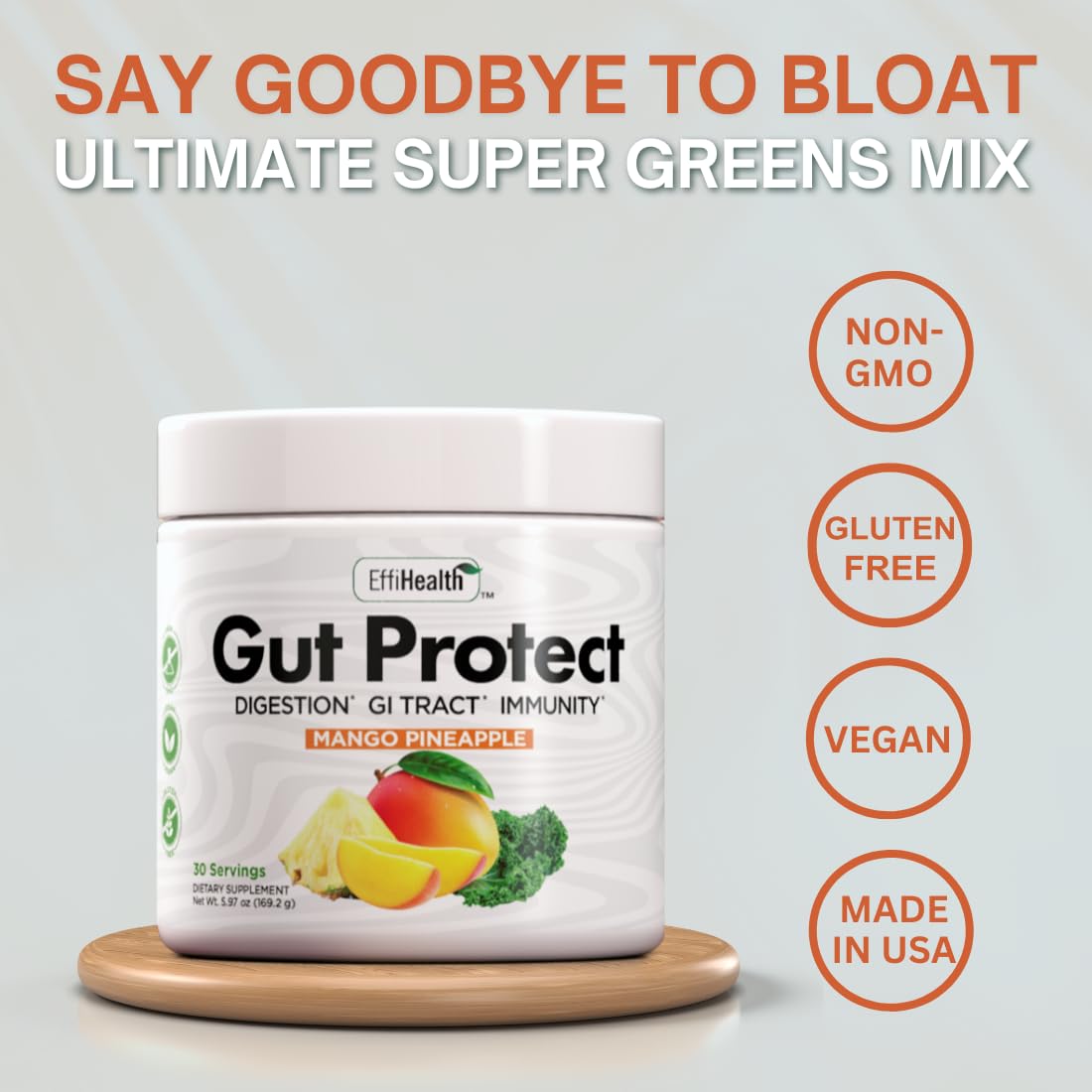 Gut Protect Greens Superfood Powder with Probiotics & Prebiotics Mango Pineapple, 10.05 Ounce