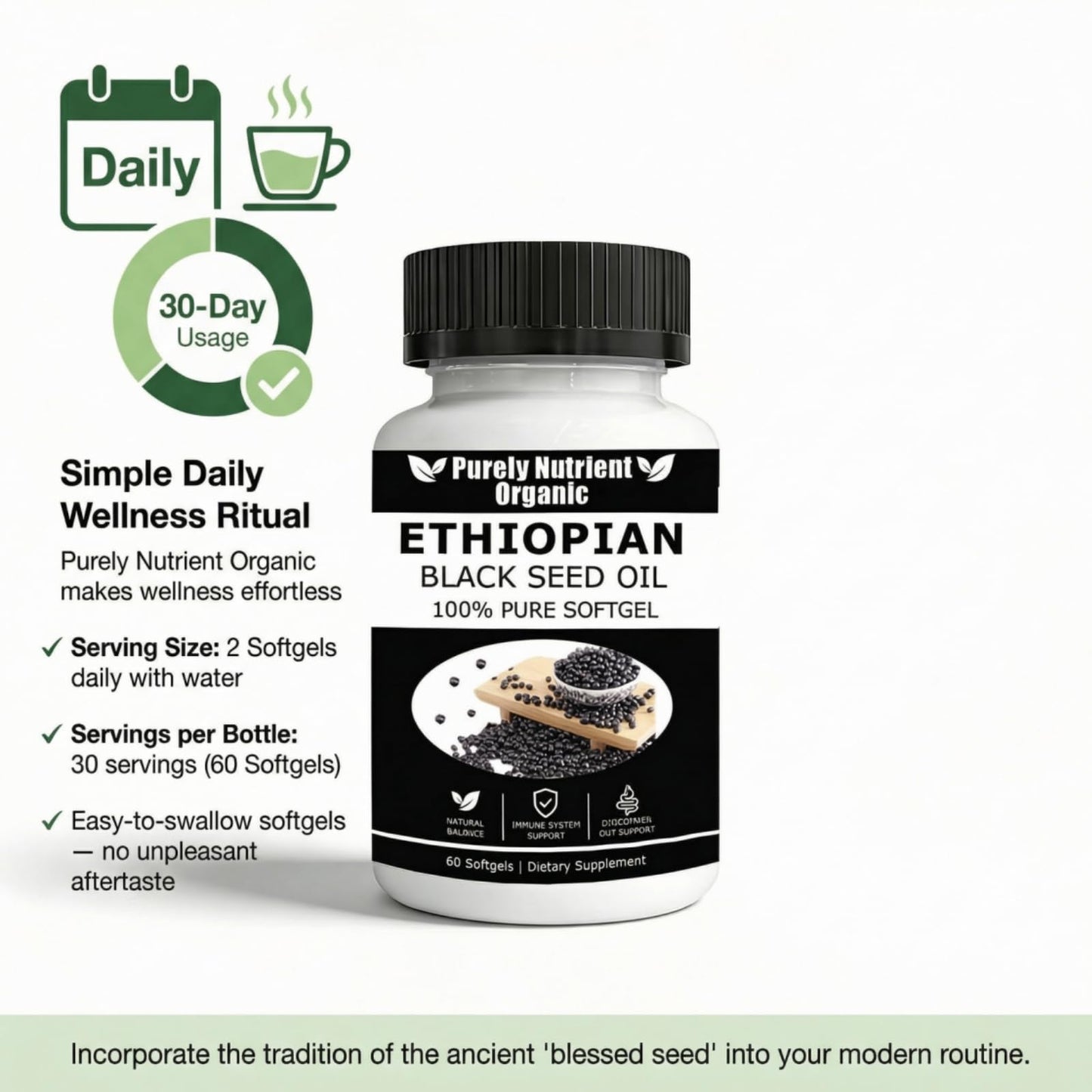 Purely Nutrient Organic Ethiopian Black Seed Oil Capsules, 60 Count