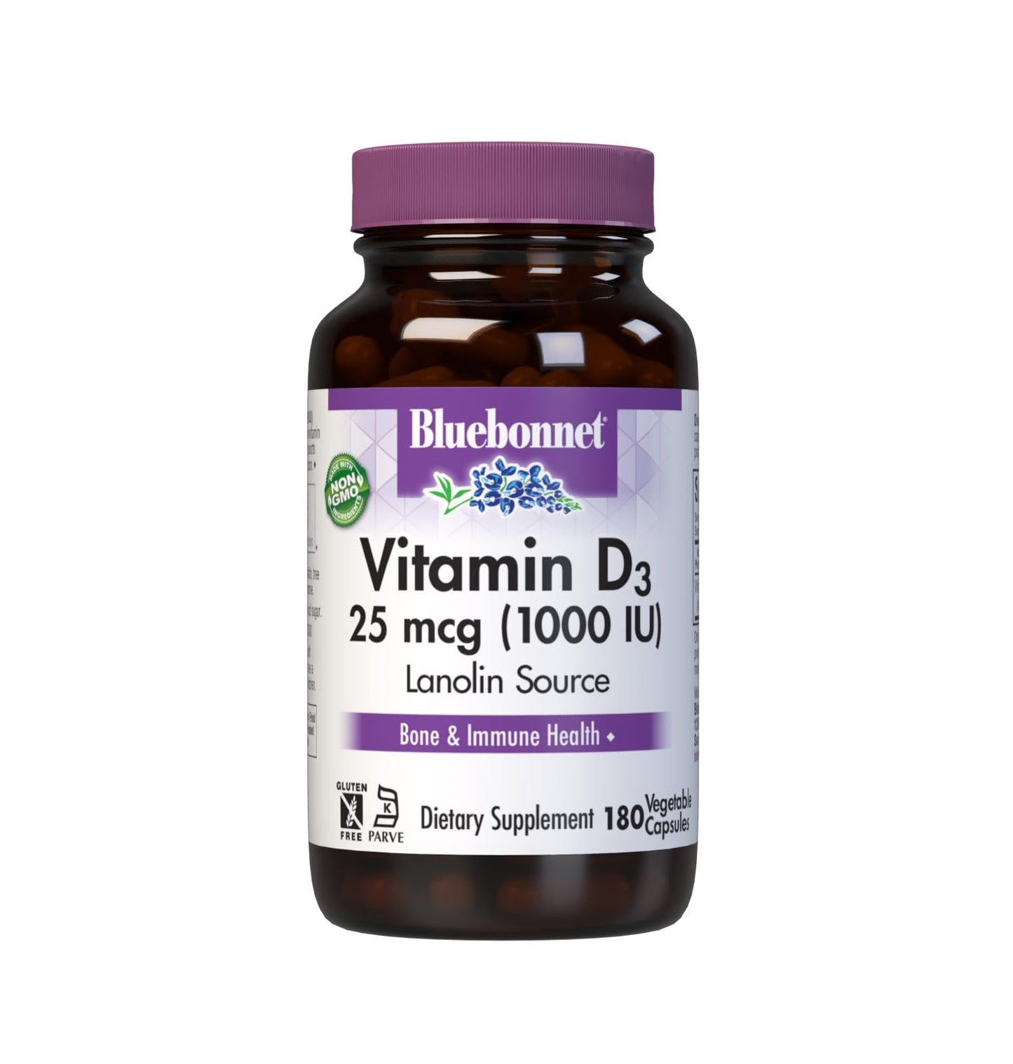 BlueBonnet Vitamin D3 1000 IU (25 mcg) Strong Bones & Immune Support Veggie Capsules, 180 Count