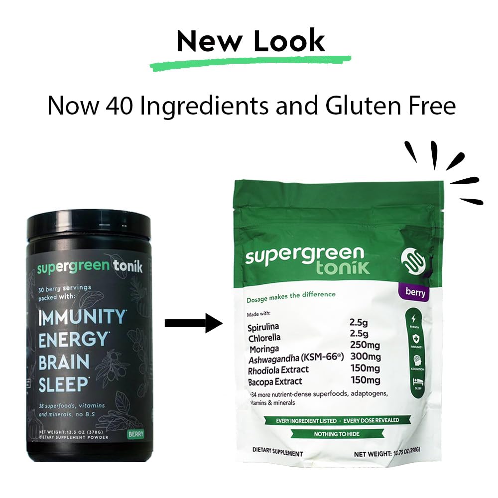 SUPERGREEN TONIK 100% Natural Greens Superfood Powder – Daily Supplement with 40 Superfoods, Vitamins and Minerals – Supports Energy, Stress and Immunity – 13.3 Ounce