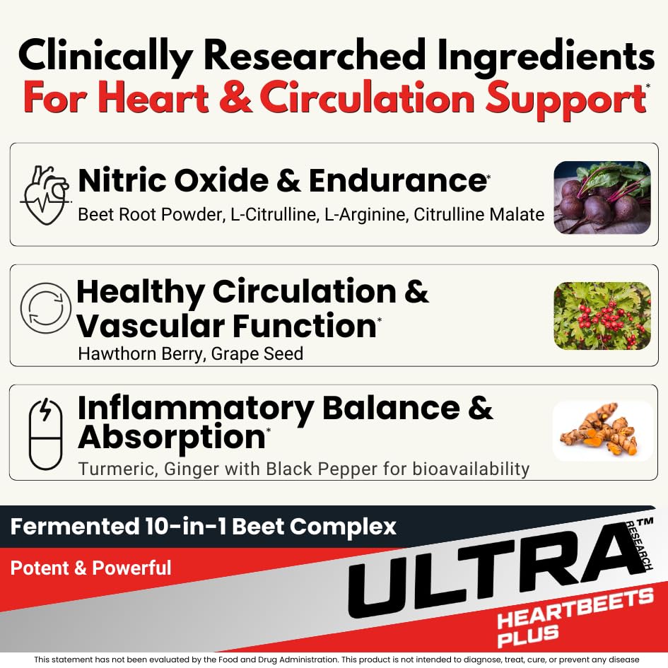 Ultra Research HeartBeets Plus Beet Root, L-Arginine, L-Citrulline, 10-in-1 Circulation Formula - Nitric Oxide Booster, Cardiovasular and Heart Health Supplement, 90 Tablets