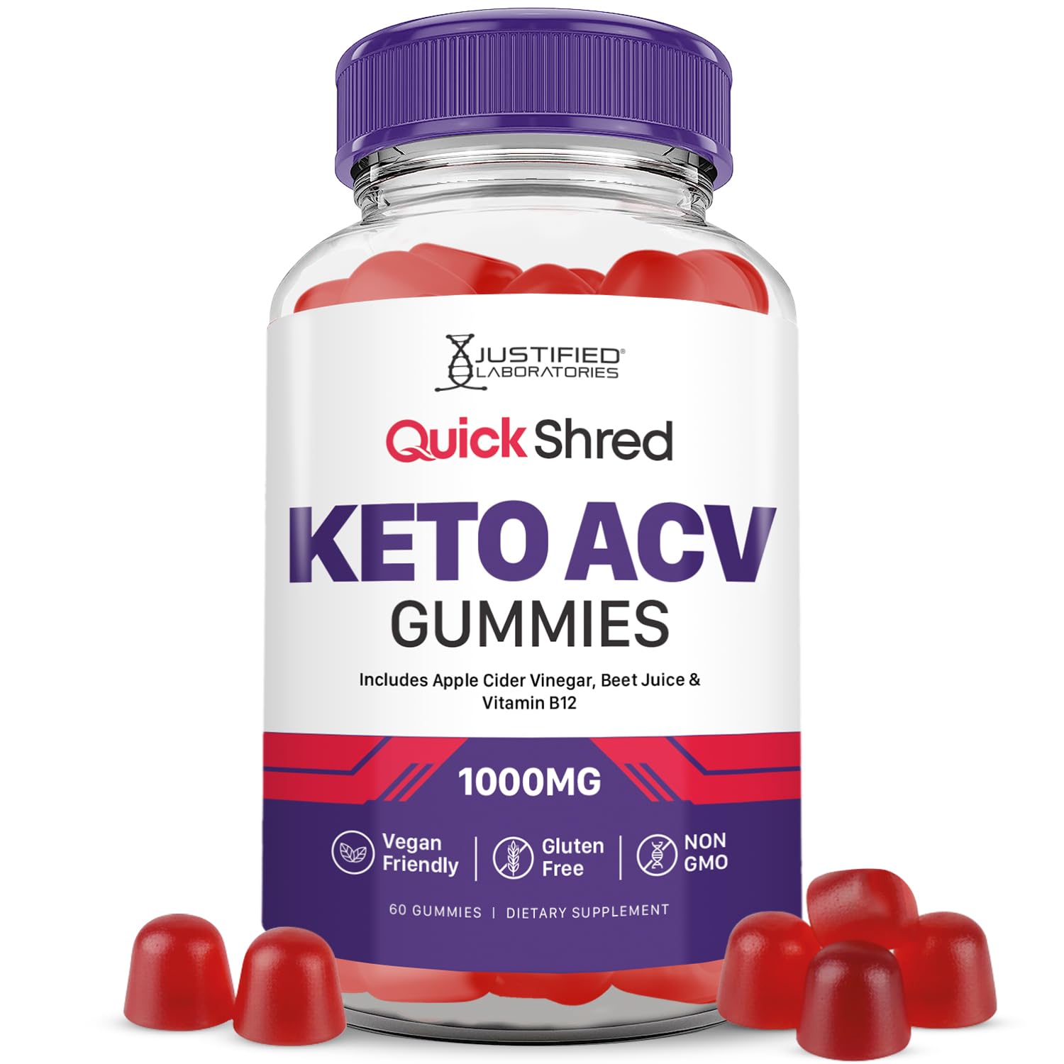 Justified Laboratories Quick Shred Keto ACV Advanced Formula 1000mg Apple Cider Vinegar with Pomegranate Beet Juice Powder & B12, Vegan, Non-GMO, 60 Gummies