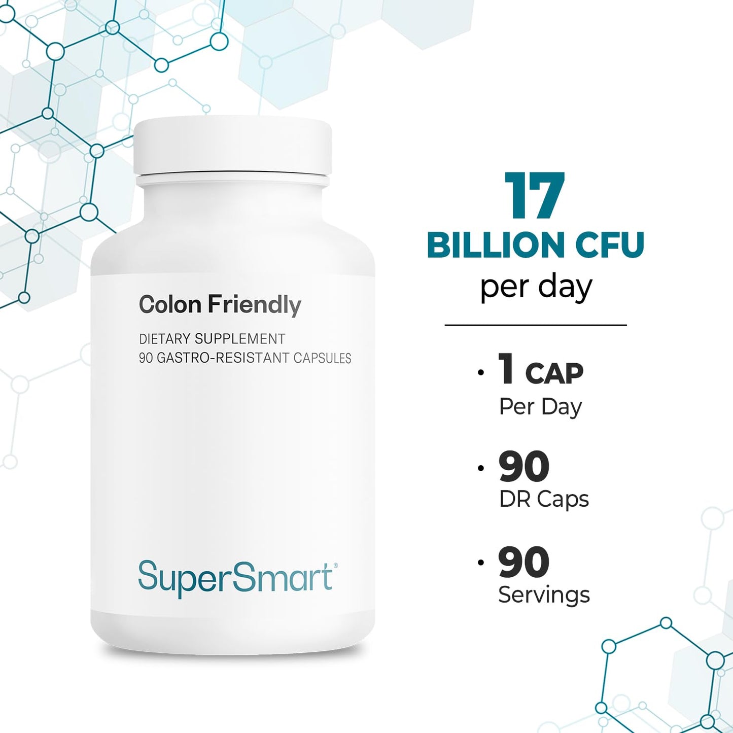 Supersmart Colon Friendly 17 Billion CFU per Day (Advanced Formula) 4-in-1 Probiotics Supplement with Bifidobacterium & Lactobacillus, Non-GMO & Gluten Free, 90 Capsules
