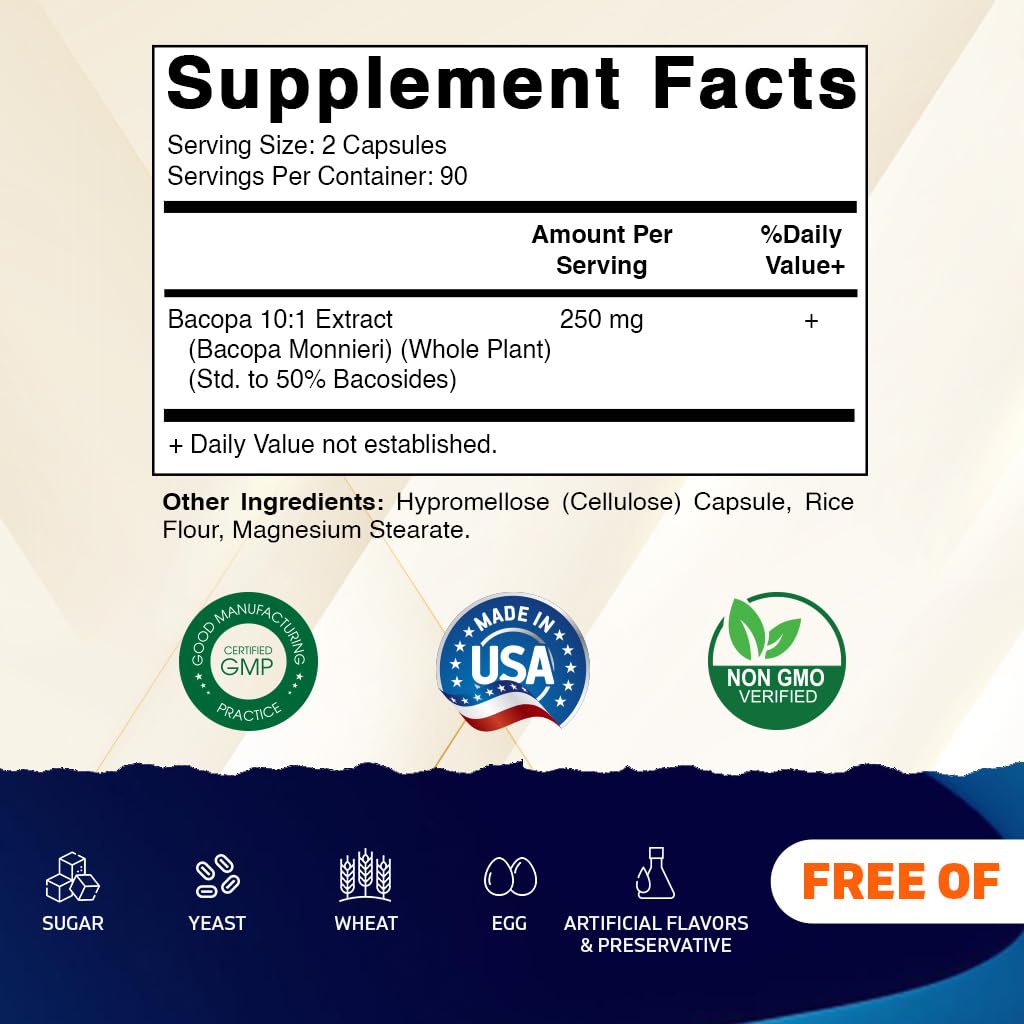 Vitamatic Bacopa Monnieri 10:1 Plant-Based Botanical Extract Capsules 180 Count