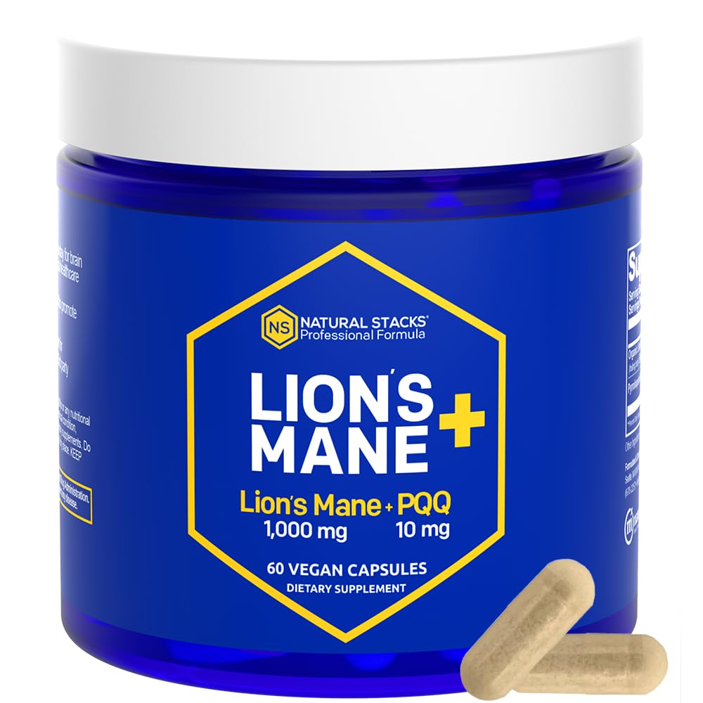 Natural Stacks Organic Lions Mane Mushroom Supplement Capsules 1000mg with 10mg PQQ, 60 Capsules