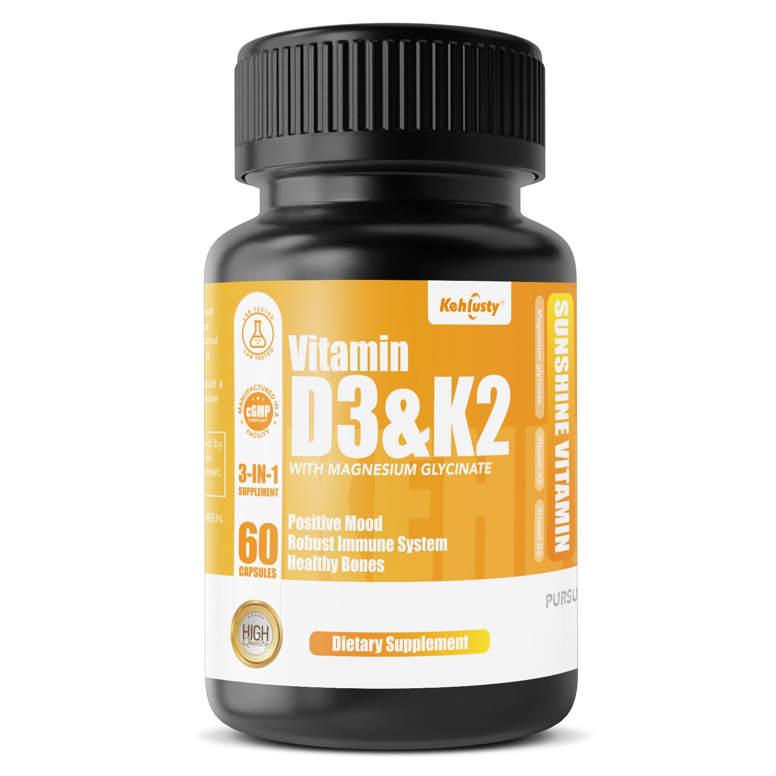 KEHLUSTY Vitamin D3 K2 with Magnesium Glycinate, 4000 IU D3, 100 mcg K2 MK-7, Non-GMO, 60 Gummies