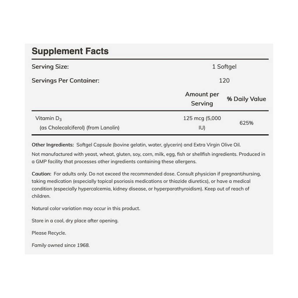 NOW Foods Vitamin D-3 5000 IU Softgels, 120 Count