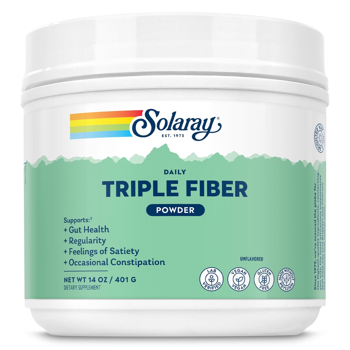 Solaray Triple Fiber Powder Daily Fiber Supplement with Prebiotics - Unflavored, Vegan, Gluten Free, 14 oz
