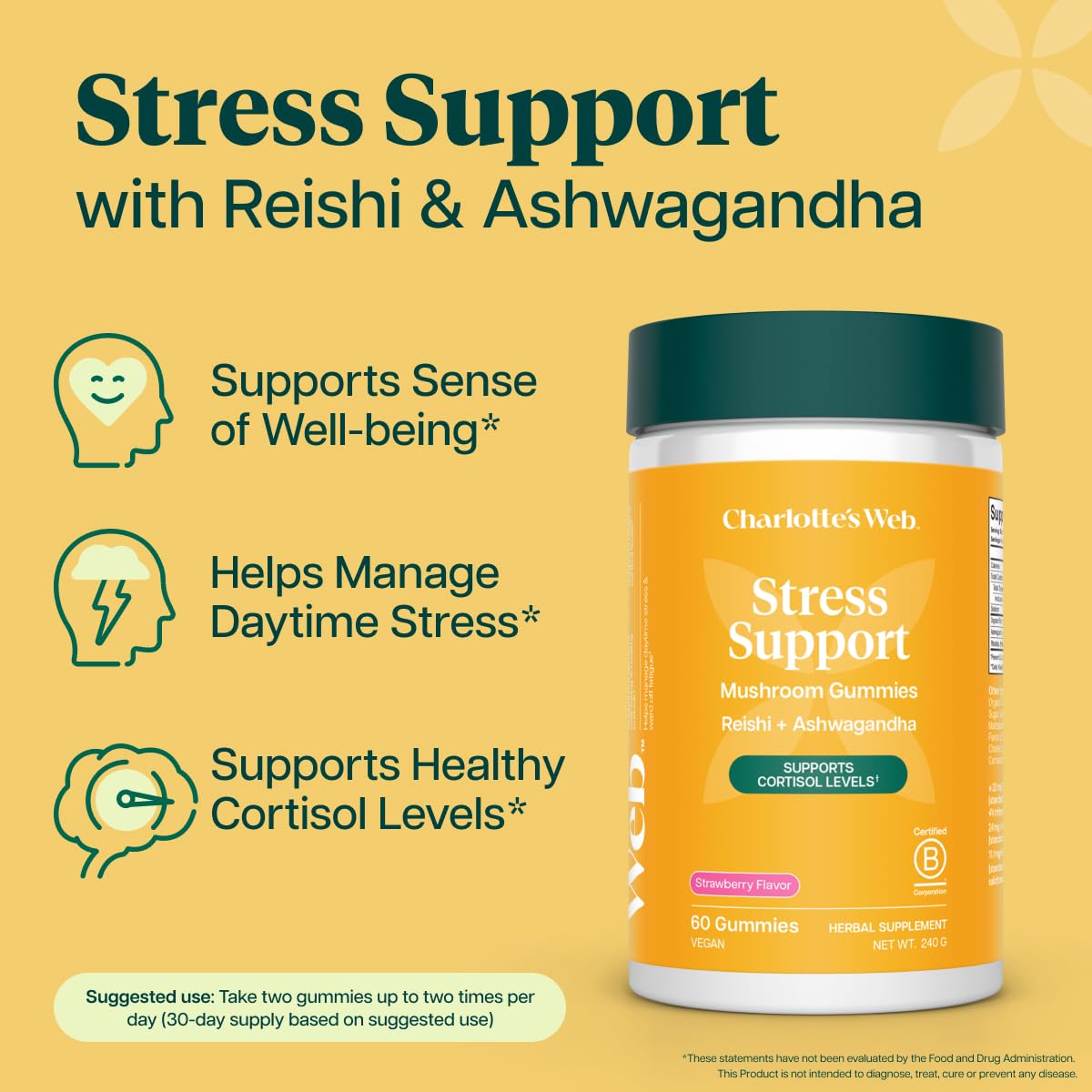 Charlotte's Web Stress Support Mushroom Gummies with Reishi, Ashwagandha, Rhodiola Rosea, 30 Servings