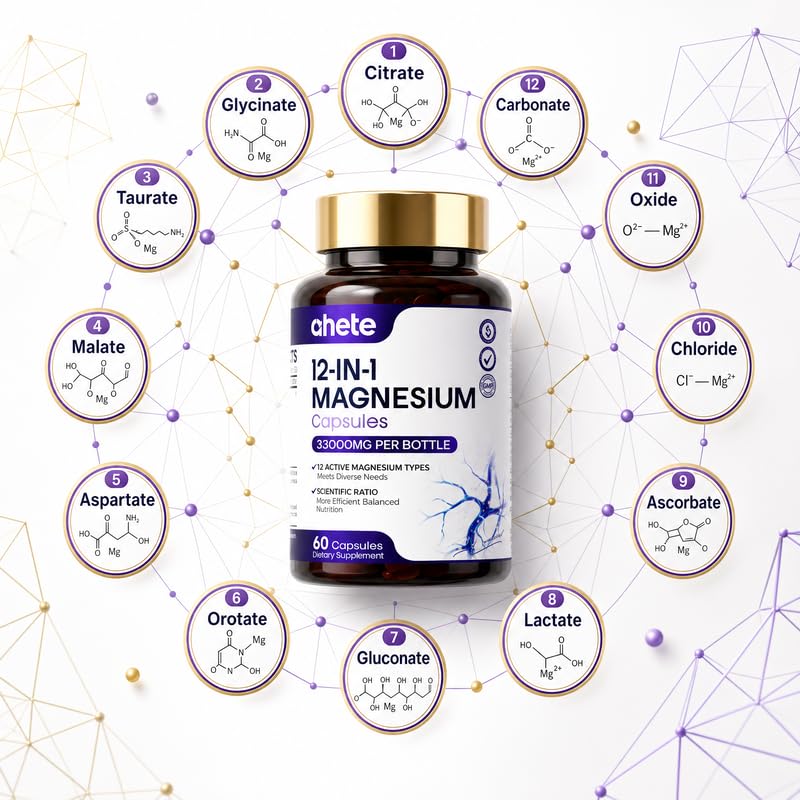 Ahete Magnesium Complex Capsules 1100mg Full-Spectrum Magnesium Blend – Citrate, Glycinate, Malate, Taurate & More – Supports Muscle Relaxation, Nervous System, Heart & Bone Health, 60 Capsules