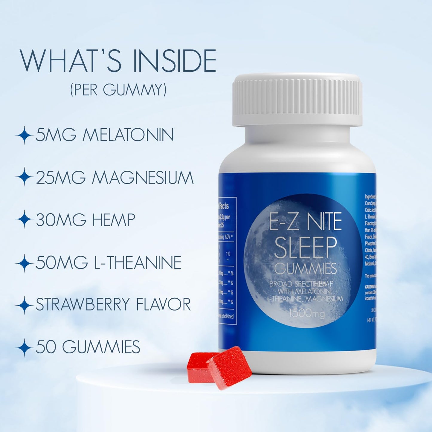E-Z Nite Hemp + Melatonin Sleep Gummies with L-Theanine, Magnesium Gummy, 50 Count