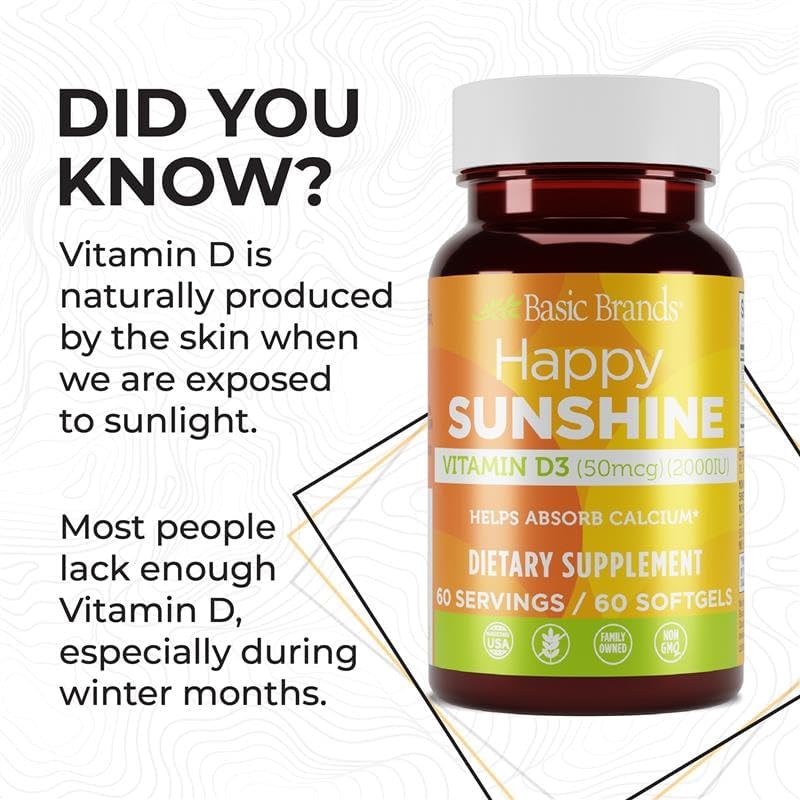 Basic Organics Happy Sunshine Vitamin D3 2000 IU (50 mcg) Softgel, 120 Count