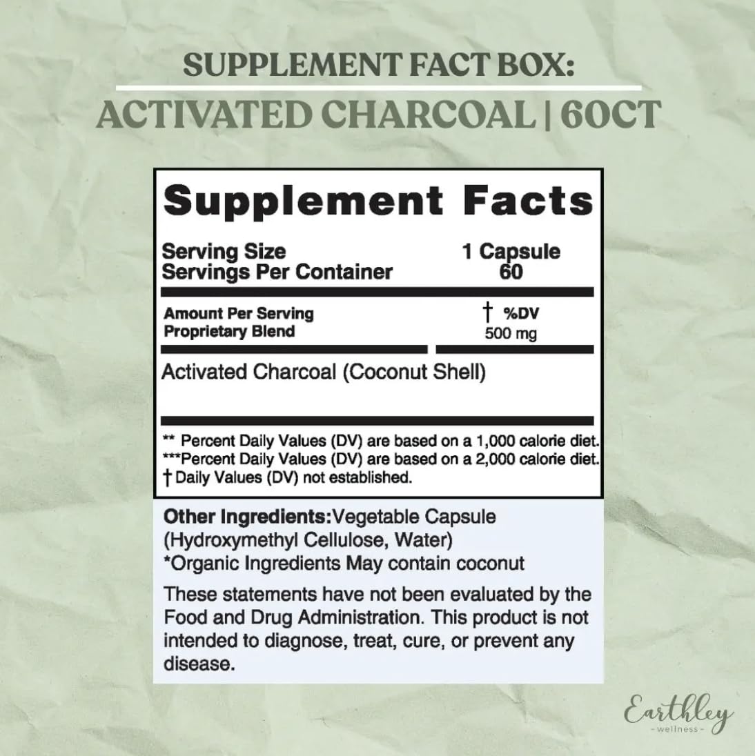 Earthley Wellness Activated Charcoal Capsules, 60 Capsules