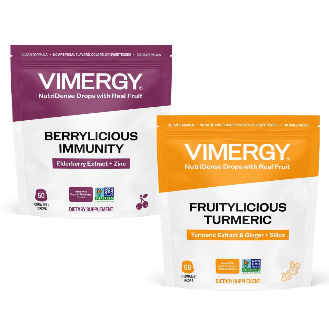 Vimergy NutriDense Elderberry + Zinc Berrylicious Immunity Chewables and NutriDense Fruitylicious Turmeric + Ginger Chewables, 120 Chewables