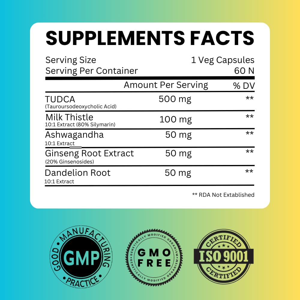 SAIKOU HERBS TUDCA (Tauroursodeoxycholic Acid) 750mg - 5 in 1 with Milk Thistle, Ashwagandha, Dandelion and Ginseng Capsule 60 Count