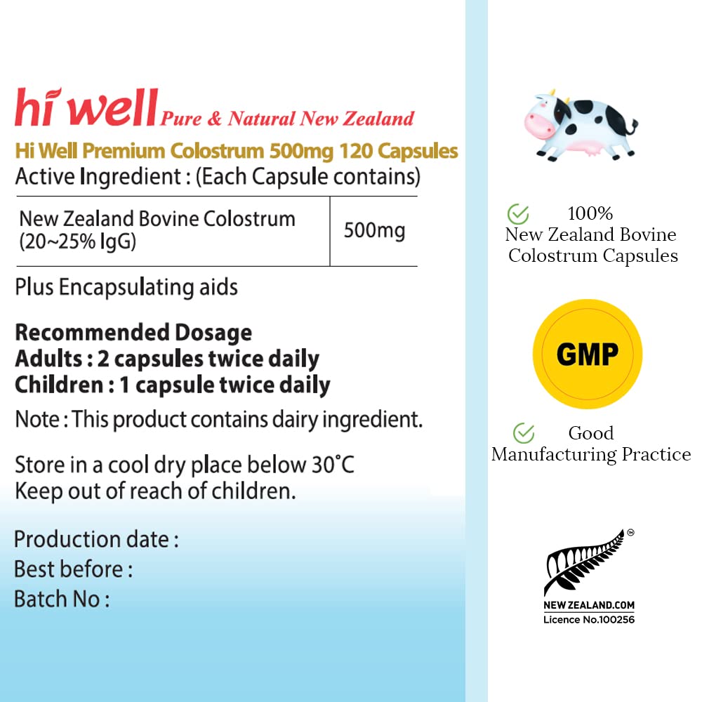 Hi Well Premium 100% Pure New Zealand Bovine Grass-Fed Colostrum Capsules, 120