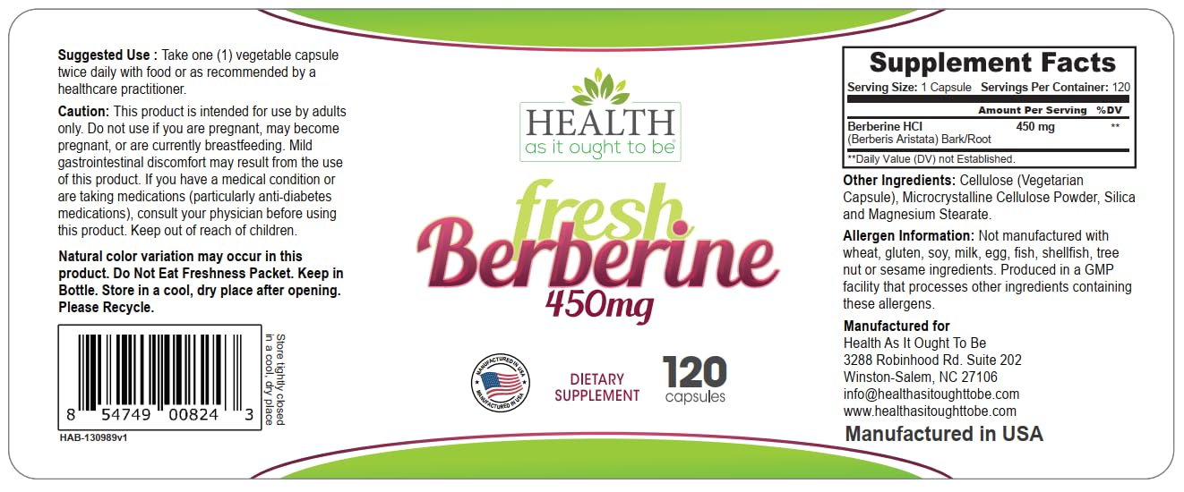 Health As It Ought To Be Fresh Berberine Supplement 450mg Capsules 120