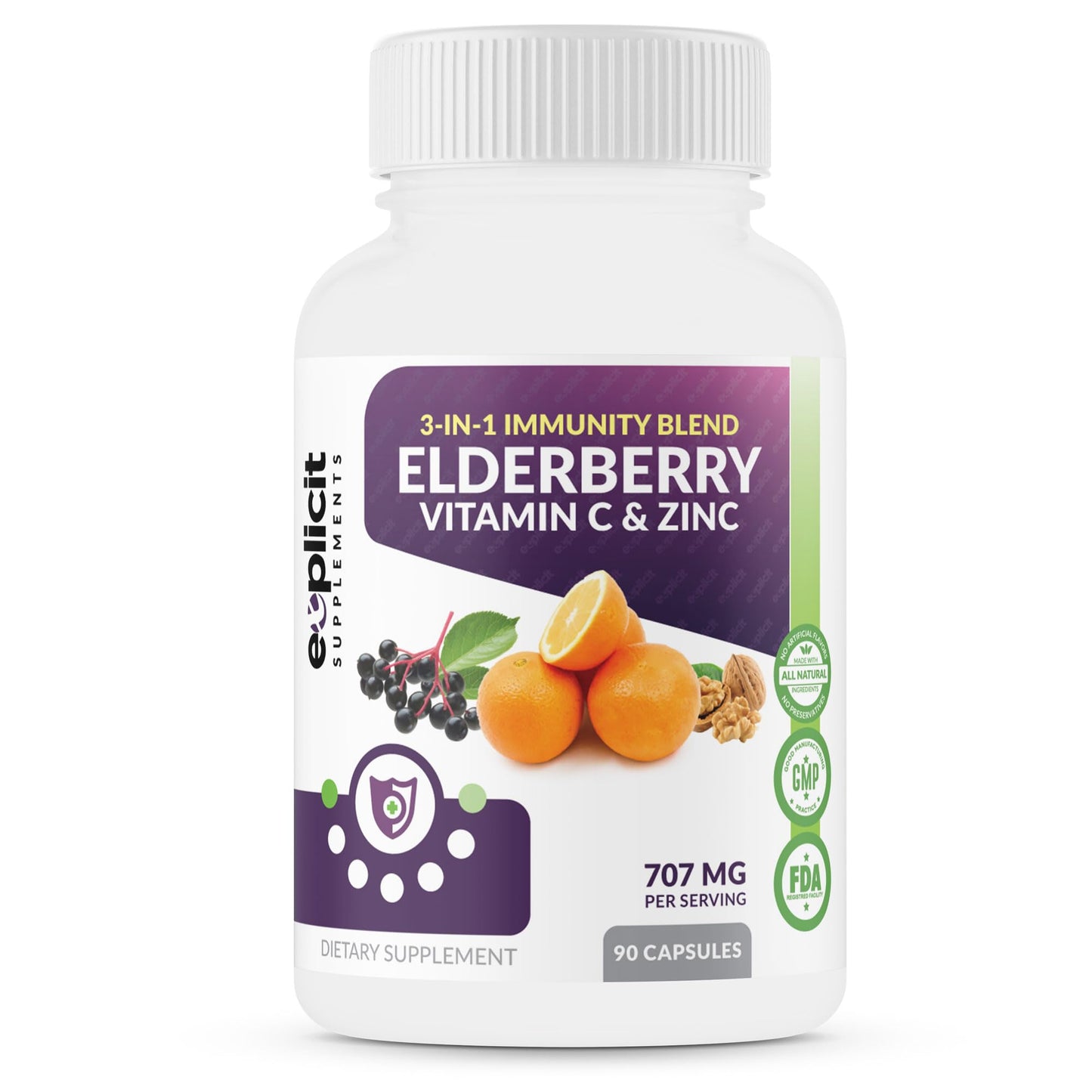 eXplicit Supplements All Natural Elderberry, Vitamin C & Zinc Supplement Capsules, 1 Count