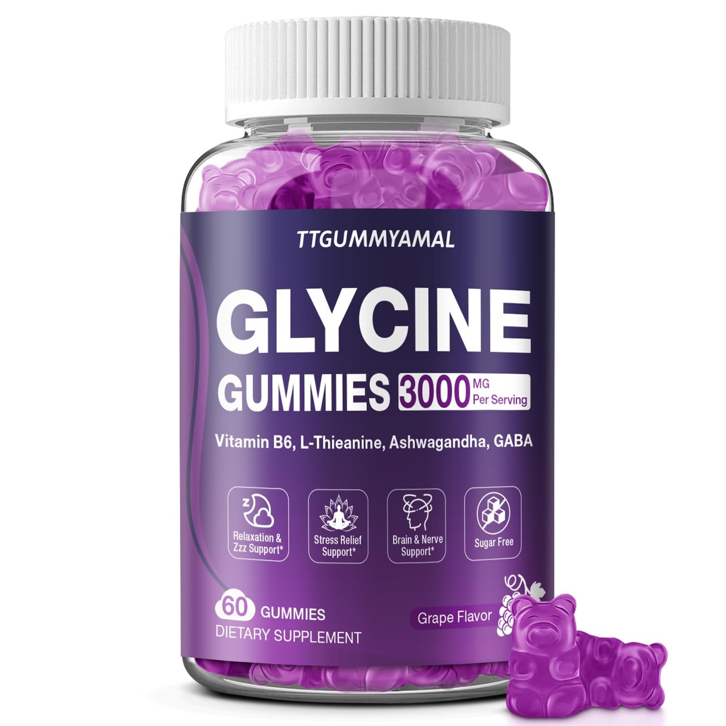TTGUMMYAMAL Glycine Gummies, 3 g (3000 mg) Glycine Supplements for Sleep, Relax, Nerve Support, Stress Relief & Brain Health, Grape Flavor, Sugar-Free, Vegan, Non-GMO, Gluten-Free, 60 Ct