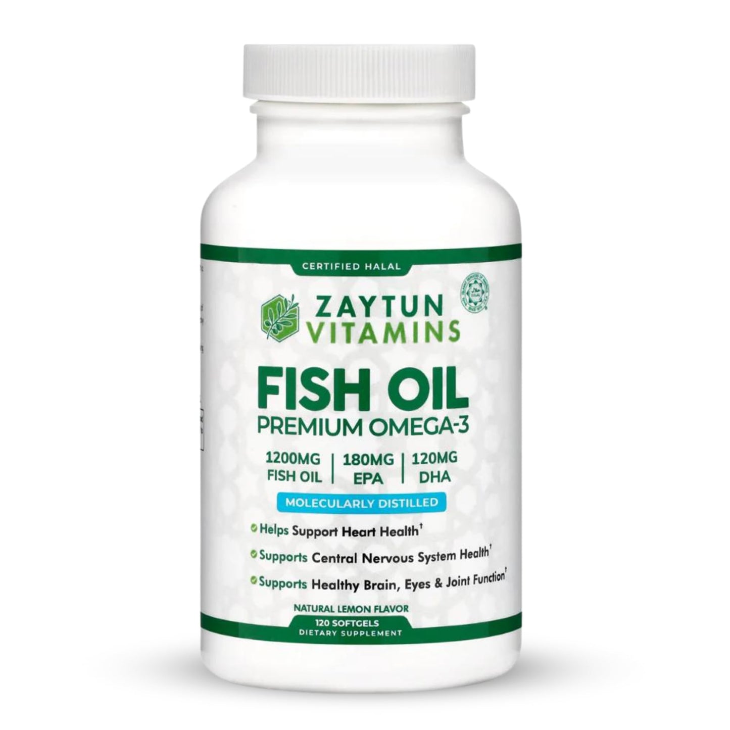 Zaytun Vitamins Halal Fish Oil 1200mg Omega-3 Premium EPA/DHA One Per Day Daily Wellness Support Softgels, 120 Count