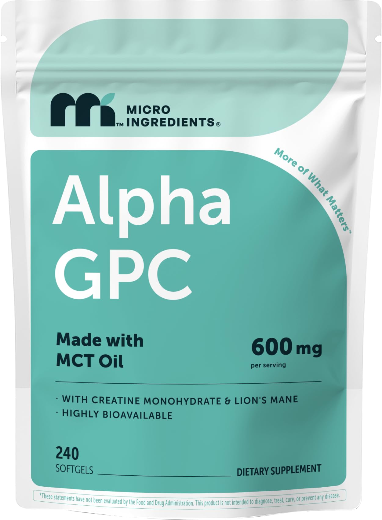 Micro Ingredients Alpha GPC 600mg per Serving with MCT Oil Softgels 240