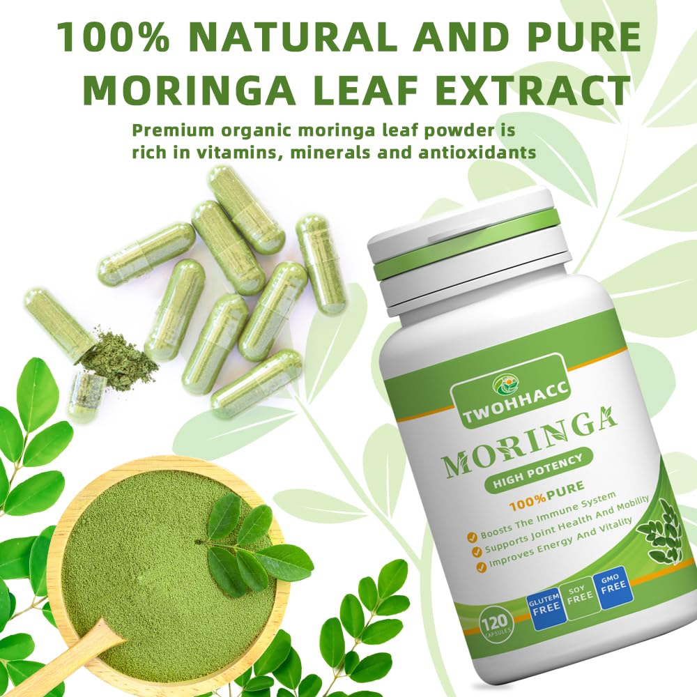 TWOHHACC Organic Moringa Powder Capsules, 120 Capsules