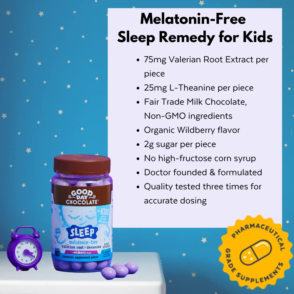 Good Day Chocolate Natural Valerian Root for Kids Chewable, Herbal Sleep Supplement with L-Theanine, Organic Wildberry Flavor, Fair Trade & Non-GMO Chocolate, 50 Chewables