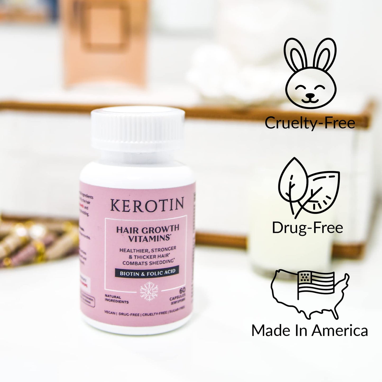 K Kerotin Hair Growth Vitamins, Biotin Supplement, DHT Blocker, Collagen Stimulator, for Hair Loss Support, Nail & Skin Care, Includes Saw Palmetto, Vitamin D3 & More Capsules, 60 Count