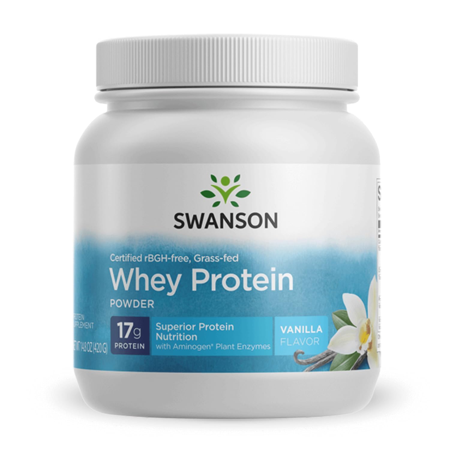 Swanson Grass-Fed Vanilla Whey Protein Powder with Aminogen Enzyme, 14.8 oz
