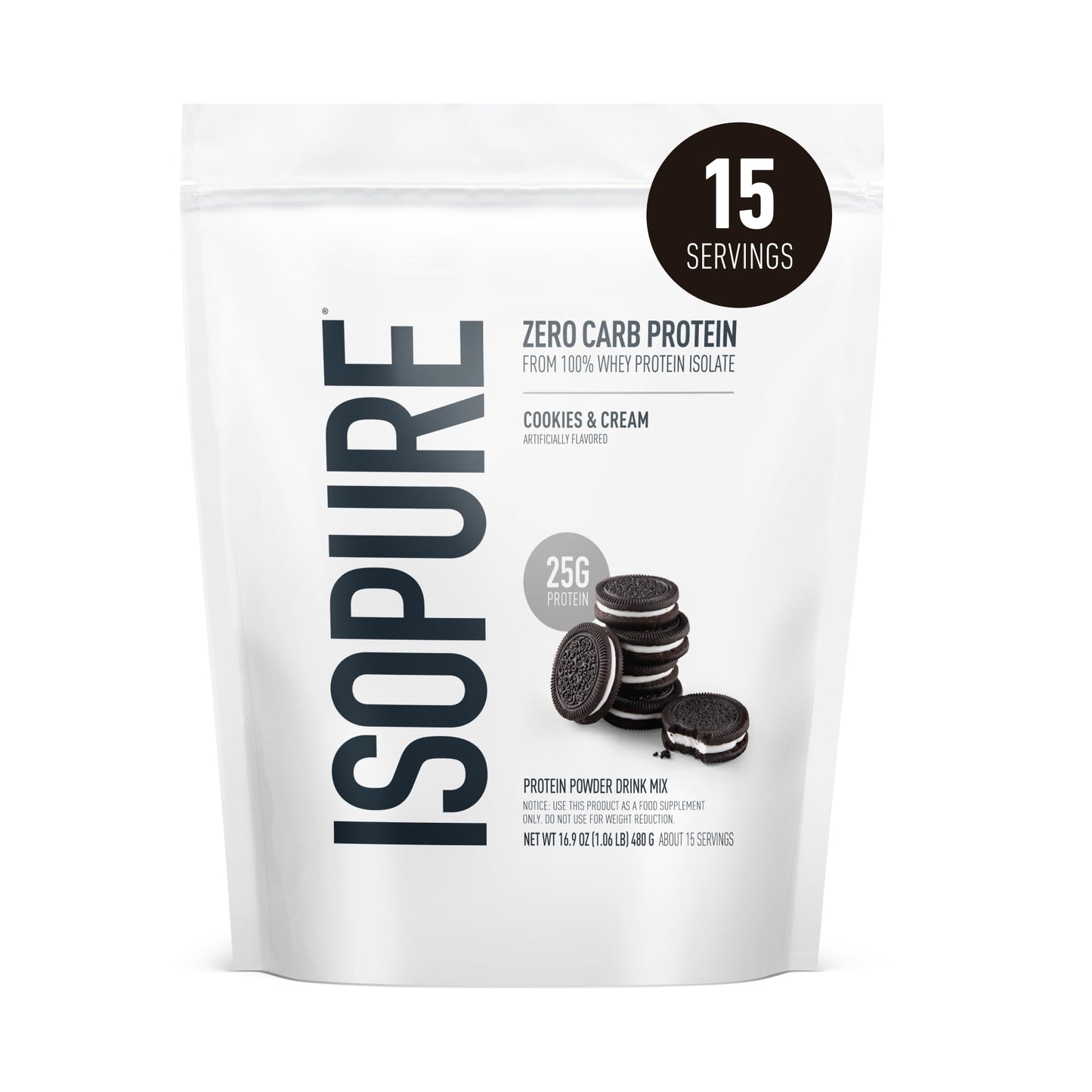 Isopure Zero Carb 100% Pure Whey Isolate Protein Powder, Cookies & Cream, 16 oz