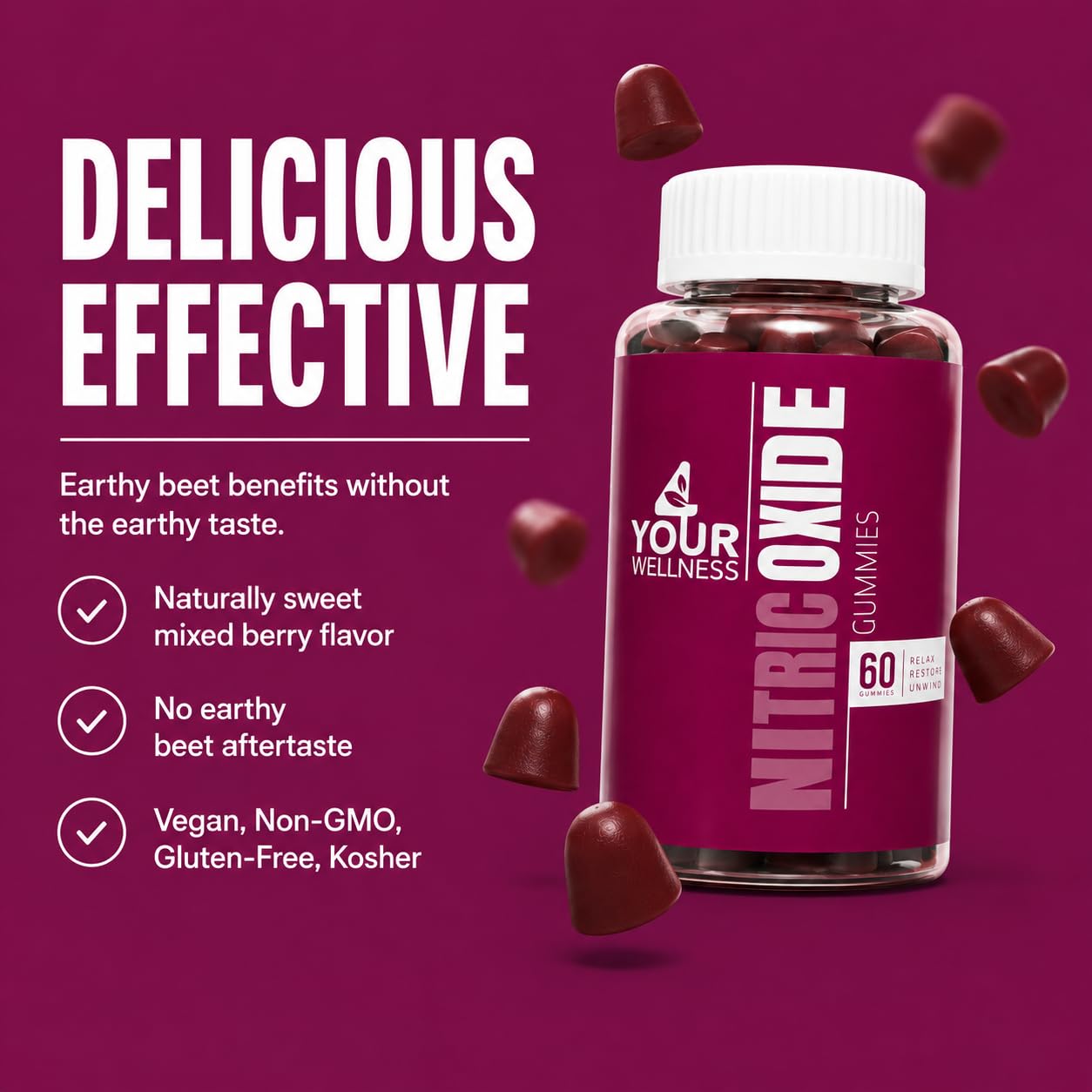 4 Your Wellness Nitric Oxide Gummies Beet Root Mixed Berry 60 Count