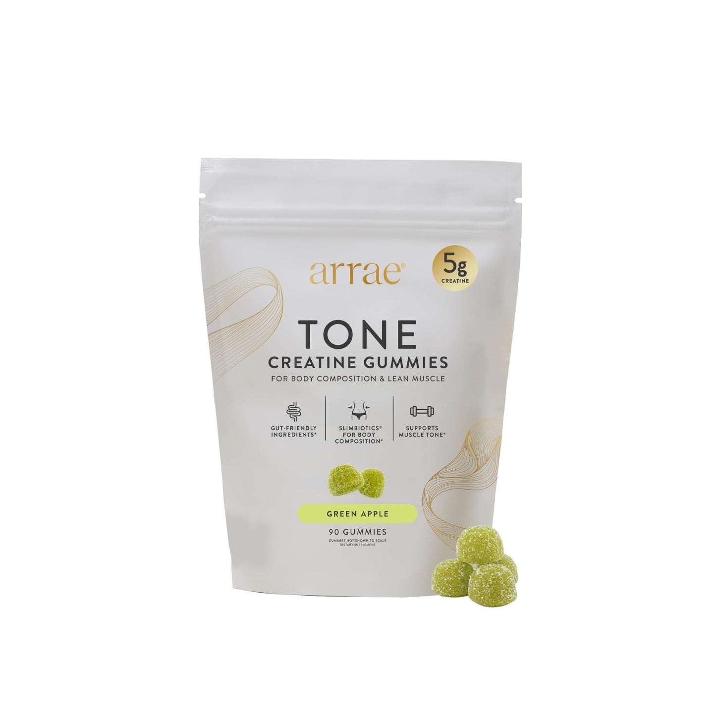 Arrae Tone Gummies Creatine Monohydrate 5g for Women – Support Lean Muscle, Strength & Recovery, Sour Green Apple Flavor, 90 Count