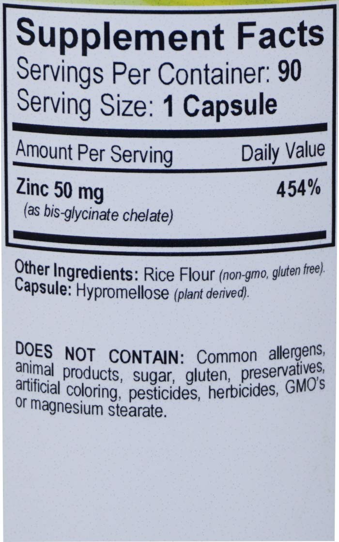 Vital Health Remedies ZINC Bisglycinate Chelate 50mg Immune Support High Absorption No Preservatives, Vegan Capsules, 90 Count