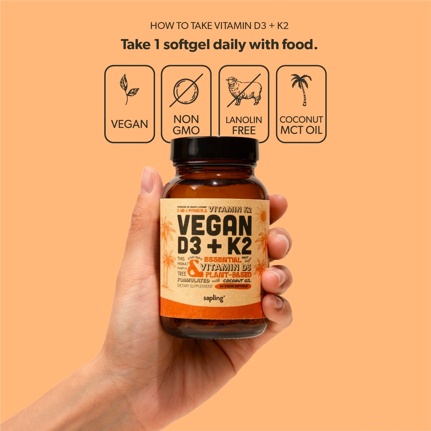 Sapling Vegan Vitamin D3 + K2 Supplement with MCT Oil from Coconut, 4000 IU Vitamin D and 100 mcg Vitamin K2 as MK-7, Softgels, 60 Count