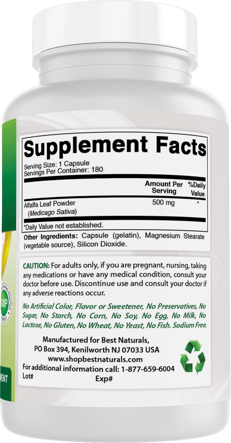 Best Naturals Alfalfa Green Super Food 500 mg Capsules 180 Count