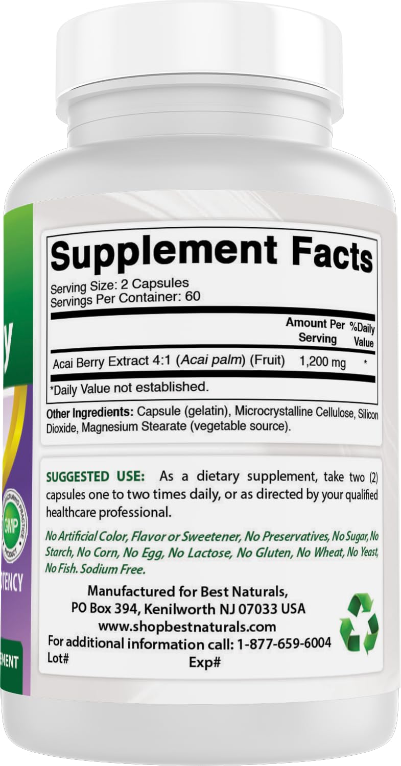 Best Naturals Acai Berry 600mg per Serving Capsules, 120 Count